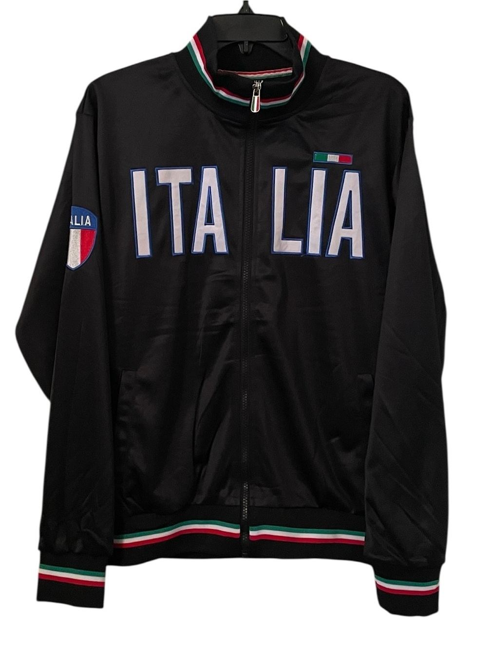 Infinity Men’s Black Multicolor Italia Logo Flag Text Zip Track Jacket Size L